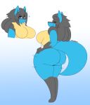  &lt;3 2020 anthro big_breasts big_butt black_body black_fur black_hair blue_body blue_eyes blue_fur breasts butt butt_pose dewwydarts eye_through_hair eyes_closed featureless_breasts female fur generation_4_pokemon gloves_(marking) gradient_background hair happy hi_res looking_at_viewer lucario markings motion_lines multicolored_body multicolored_fur nintendo pokemon pokemon_(species) pose shaking_butt simple_background smile smiling_at_viewer solo spikes spikes_(anatomy) standing tan_body tan_fur thick_thighs translucent translucent_hair video_games 