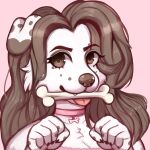  anthro bone brown_eyes brown_hair canid canine collar cute_expression cute_eyes digital_drawing_(artwork) digital_media_(artwork) fangs female floppy_ears fluffy fur hair hi_res looking_at_viewer mammal pink_tongue runelocks smile solo tongue tongue_out white_body white_fur 