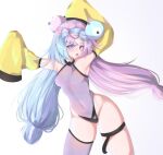 1girl :d adapted_costume aqua_hair armpits bangs breasts character_hair_ornament commentary contrapposto covered_navel cowboy_shot detached_sleeves eyelashes hair_ornament highres iono_(pokemon) leotard long_hair open_mouth pink_hair pokemon pokemon_(game) pokemon_sv s7nsles shiny shiny_hair single_thighhigh sleeves_past_fingers sleeves_past_wrists smile solo thigh_strap thighhighs twintails 