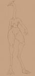  absurd_res anthro areola avian beak breasts featureless_crotch female front_view full-length_portrait hi_res long_neck monochrome mouth_closed navel nipples nude portrait sagging_breasts simple_background solo standing unsigned upai wide_hips 