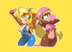  2girls absurdres adjusting_hair blonde_hair bubble_blowing cellphone chewing_gum coco_bandicoot crash_bandicoot_(series) crop_top cropped_legs crossover dixie_kong donkey_kong_(series) furry furry_female green_eyes highres minuspal monkey_girl multiple_girls overalls phone ponytail selfie shirt smartphone tied_shirt tongue tongue_out trait_connection v 