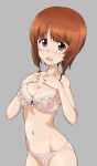  1girl bangs blush bow bow_bra bra breasts brown_eyes brown_hair cleavage commentary_request cowboy_shot girls_und_panzer grey_background groin hands_on_own_chest highres kayabakoro looking_at_viewer navel nishizumi_miho open_mouth panties partial_commentary print_bra print_panties short_hair simple_background smile solo standing underwear underwear_only white_bra white_panties 
