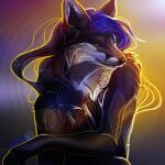  1:1 2022 anthro black_body black_fur blue_hair breasts canid canine digital_media_(artwork) eyebrows eyelashes female fox fur hair hi_res mammal nude safiru simple_background smile solo yellow_eyes 