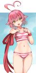  1girl absurdres ahoge aino_heart arcana_heart bikini breasts commentary_request gradient_hair hair_flaps heart heart_ahoge highres multicolored_hair pink_bikini pink_hair red_ribbon ribbon short_hair small_breasts smile solo standing striped striped_bikini swimsuit translation_request yashin_(yasinz) yellow_eyes 