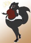  2020 5_fingers allyson_(dewwydarts) anthro big_breasts black_body black_fur black_hair bottomwear breasts clothing dewwydarts dialogue domestic_cat felid feline felis female fingers fluffy fluffy_tail footwear fur gradient_background hair hi_res looking_at_viewer mammal open_mouth overweight overweight_anthro overweight_female red_clothing red_topwear shoes shorts simple_background sneakers solo talking_to_viewer thick_thighs topwear wide_hips yellow_eyes 