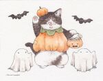  animal_focus bat_(animal) bucket candy cat closed_eyes commentary_request food ghost_costume halloween halloween_bucket holding holding_bucket mirin_(mirin_4) no_humans original painting_(medium) pumpkin_costume pumpkin_hat traditional_media watercolor_(medium) 