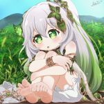  1girl absurdres ass bangs barefoot bloomers blurry bracelet bush cape commentary_request depth_of_field detached_sleeves fukaya_negi genshin_impact gradient_hair green_eyes hair_between_eyes hair_ornament highres hugging_own_legs jewelry legwear_removed long_hair looking_at_viewer looking_away looking_down mountainous_horizon multicolored_hair nahida_(genshin_impact) parted_lips pointy_ears short_sleeves side_ponytail sidelocks sitting soles solo symbol-shaped_pupils toes underwear white_hair 