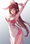  1girl animal_ears arm_behind_head armpits arms_up bare_legs brown_hair cleavage_cutout clothing_cutout douluo_dalu dress highres long_hair one_eye_closed open_mouth pink_dress ponytail rabbit_ears shan_chuan solo xiao_wu_(douluo_dalu) yawning 