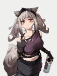  1girl absurdres animal_ear_fluff animal_ears arknights bangs bare_shoulders black_gloves black_skirt bottle closed_mouth collarbone commentary elbow_gloves fingerless_gloves frostleaf_(arknights) gloves grey_background grey_hair hand_up highres holding holding_bottle looking_at_viewer purple_shirt red_eyes shirt simple_background skirt sleeveless sleeveless_shirt solo sweat symbol-only_commentary tail togekk0 twintails 
