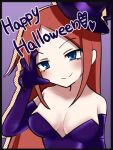  1girl alternate_costume bare_shoulders blue_dress blue_eyes blue_headwear breasts character_request cleavage dress elbow_gloves gloves happy_halloween hat long_hair looking_at_viewer mahou_shoujo_luna_no_sainan medium_breasts namaste_koboo red_hair sidelocks smile upper_body witch_hat 
