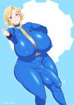  1girl blonde_hair blue_jumpsuit breasts covered_nipples covered_penis covered_testicles curly_hair fallout_(series) futanari gigantic_breasts highres huge_penis jumpsuit mole mole_under_eye penis short_hair skin_tight smile solo thick_thighs thighs uno_makoto vault_girl vault_suit 