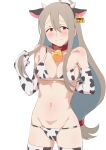  1girl animal_ears animal_print bell bikini blush breasts cleavage collar commentary cow_ears cow_girl cow_horns cow_print cowbell do_it_yourself!! ear_tag elbow_gloves fake_animal_ears fake_horns gloves grey_hair highres horns large_breasts long_hair looking_at_viewer mature_female navel neck_bell print_bikini red_collar red_eyes simple_background smile solo swimsuit thighhighs undressing very_long_hair white_background yontomapochi yua_serufu&#039;s_mother 