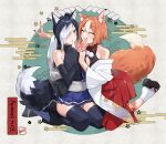  2boys animal_ear_fluff animal_ears artist_name black_footwear blue_hair blue_nails blue_shirt blue_thighhighs blush brown_hair closed_eyes collarbone commission elbow_gloves fingerless_gloves fox_boy fox_ears fox_tail gloves grey_background grey_hair hair_over_one_eye hands_up highres holding_hands japanese_clothes kimono leaning_on_person looking_at_another male_focus medium_hair microskirt multicolored_hair multiple_boys nail_polish neck_ribbon nontraditional_miko obi off_shoulder open_mouth original outstretched_arm pleated_skirt potti-p red_eyeliner red_nails red_ribbon red_skirt ribbon sandals sash seiza sheath sheathed shiny shiny_clothes shiny_hair shiny_skin shirt short_eyebrows sidelocks sitting skeb_commission skirt sleeveless sleeveless_shirt socks streaked_hair tail teeth thick_eyebrows thighhighs thighs two-tone_hair upper_teeth white_kimono white_socks wide_sleeves yellow_eyes 