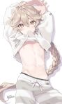  1boy aether_(genshin_impact) bangs belly bishounen blonde_hair blush braid clothes_lift cowboy_shot english_text genshin_impact highres long_hair male_focus mouth_hold navel otoko_no_ko potti-p simple_background single_braid solo white_background yellow_eyes 