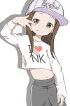  1girl :p aki_(yunkana) baseball_cap brown_eyes brown_hair commentary_request crop_top female_child grey_pants hat highres i_heart... karakai_jouzu_no_takagi-san long_hair looking_at_viewer midriff navel pants shirt simple_background solo streetwear takagi-san tongue tongue_out w white_background white_headwear white_shirt 