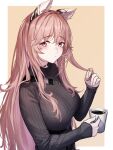  1girl 3_small_spiders absurdres animal_ears bangs breasts coffee coffee_mug commentary_request cup girls&#039;_frontline girls&#039;_frontline_neural_cloud highres holding holding_cup large_breasts long_hair long_sleeves looking_at_viewer mug persicaria_(girls&#039;_frontline_nc) pink_eyes pink_hair playing_with_own_hair ribbed_sweater simple_background solo sweater upper_body 