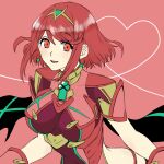  1girl :d bangs bob_cut breasts circlet earrings jewelry looking_at_viewer medium_hair open_mouth oto_nagi pink_background pyra_(xenoblade) red_hair short_sleeves smile solo swept_bangs upper_body xenoblade_chronicles_(series) xenoblade_chronicles_2 