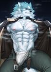  2022 abs absurd_res anthro belt bluge bodily_fluids brand_new_animal canid canine canis clothed clothing collar digital_media_(artwork) fur genital_fluids gloves handwear hi_res kokosetto male mammal muscular muscular_anthro muscular_male navel nipples open_clothing precum scar shirou_ogami solo studio_trigger sweat wolf 