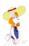  2018 anthro blonde_hair blue_clothing canid canine canis claws clothing domestic_dog fur hair hat headgear headwear hi_res looking_at_viewer mammal puppkittyfan1 red_clothing ribbons solo white_body white_clothing white_fur white_tail yellow_body yellow_clothing yellow_fur 