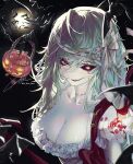  1girl bangs bat_(animal) black_background black_eyes black_sclera breasts candy cleavage colored_sclera colored_skin food full_moon grey_hair grey_skin hair_between_eyes hair_ribbon halloween_bucket heterochromia highres holding holding_candy holding_food jack-o&#039;-lantern large_breasts long_hair looking_at_viewer mismatched_sclera mont_blanca moon original parted_lips red_nails ribbon shirt solo upper_body white_shirt yellow_eyes 