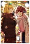  2girls :d bangs black_gloves black_shirt blonde_hair blue_hairband blue_skirt blurry blurry_background breath brown_eyes brown_jacket brown_scarf brown_skirt christmas christmas_tree coat commentary_request depth_of_field earmuffs fringe_trim gloves hairband hand_in_pocket hand_up highres jacket kyosuke1413koba long_hair long_sleeves looking_at_viewer multiple_girls mythra_(xenoblade) open_mouth pink_scarf plaid plaid_skirt pleated_skirt pyra_(xenoblade) red_eyes red_hair scarf shirt skirt smile very_long_hair white_coat xenoblade_chronicles_(series) xenoblade_chronicles_2 