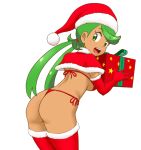  1girl ass back bangs bikini breasts capelet christmas commentary cowboy_shot dark-skinned_female dark_skin from_behind fur-trimmed_capelet fur-trimmed_thighhighs fur_trim gift green_eyes green_hair hair_tie hat holding holding_gift leaning_forward long_hair looking_at_viewer looking_back low_twintails mallow_(pokemon) medium_breasts open_mouth pokemon pokemon_(game) pokemon_sm red_bikini red_capelet red_headwear red_thighhighs santa_costume santa_hat side-tie_bikini_bottom simple_background smile solo standing swept_bangs swimsuit thighhighs thong_bikini tof twintails white_background 