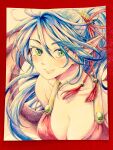  1girl blue_hair breasts breath_of_fire breath_of_fire_ii cleavage closed_mouth dragon_girl dragon_wings green_eyes hair_ribbon highres long_hair looking_at_viewer maruno monster_girl painting_(medium) patty_the_phantom_thief pointy_ears ponytail ribbon smile solo traditional_media watercolor_(medium) wings 