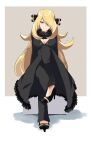  1girl absurdres arms_behind_back black_coat blonde_hair breasts closed_mouth coat cynthia_(pokemon) fur-trimmed_coat fur_collar fur_trim grey_eyes hair_ornament hair_over_one_eye high_heels highres knee_up large_breasts looking_at_viewer pokemon pokemon_(game) pokemon_dppt sitting smile solo sylux 