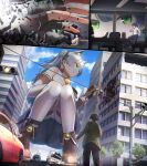  1girl 2boys absurdres animal_ears ankle_belt bell black_gloves blue_hair blue_shorts boots borrowed_character brown_footwear building car ceiling_light chain chair cloud collared_shirt commission debris destruction detached_sleeves eye_focus fingerless_gloves fishnets gem giant giantess gloves ground_vehicle highres id_card jingle_bell lanyard light_blue_hair light_smile looking_at_another monitor motor_vehicle multiple_boys office original pants power_lines shirt shirt_grab short_sleeves shorts sigure-zzzz size_difference skeb_commission sky sleeveless sleeveless_shirt squatting studded_bracelet thigh_strap thighhighs traffic_light tree two_side_up utility_pole white_thighhighs window 
