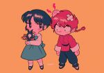  2girls angry blush blush_stickers chibi highres looking_at_another menma_(enaic31) multiple_girls no_mouth p-chan pig ranma-chan ranma_1/2 school_uniform short_hair simple_background tendou_akane twitter_username yellow_background 