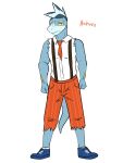  anthro anthrofied arctibax bottomwear clenched_fists clothed clothing footwear fully_clothed fuze generation_9_pokemon hi_res male necktie nintendo pants pokemon pokemon_(species) pokemorph shoes simple_background socks solo suspenders text torn_clothing torn_sleeves video_games white_background 