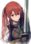  1girl bangs black_ribbon brown_gloves closed_mouth commentary fire_emblem fire_emblem_fates frown gloves hair_between_eyes hair_ribbon highres holding holding_sword holding_weapon labebebe_lee long_hair red_eyes red_hair ribbon selena_(fire_emblem_fates) simple_background solo sword twintails upper_body weapon white_background 