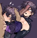  2boys absurdres ass bangs black_nails black_pants blush commission deepthroat doppel_(bonnypir) earrings fellatio hair_between_eyes highres indie_virtual_youtuber jewelry male_focus male_pubic_hair multiple_boys multiple_views nail_polish oral pants parted_lips penis pubic_hair purple_background purple_eyes purple_hair shoto_(vtuber) simple_background single_earring solo_focus sweat uncensored veins veiny_penis virtual_youtuber yaoi 