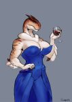  alcohol anthro beverage big_breasts blue_eyes breasts claws cleavage clothed clothing conqista container cup dinosaur dress drinking_glass female fully_clothed glass glass_container glass_cup holding_glass holding_object horn muscular muscular_anthro muscular_female non-mammal_breasts reptile scalie sharp_teeth shoulderless_dress solo teeth wine wine_glass 