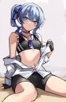  1girl bike_shorts black_sports_bra blue_eyes blue_hair breasts choker fingerless_gloves gloves hair_ribbon highres hololive hoshimachi_suisei jewelry navel necklace open_clothes open_shirt ponytail ribbon shirt small_breasts solo sports_bra virtual_youtuber white_background white_shirt wszkii 