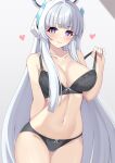  1girl arm_behind_back bangs black_bra black_panties blue_archive blunt_bangs blush bra breasts cleavage closed_mouth collarbone commentary cowboy_shot gradient gradient_background grey_background grey_hair halo headgear heart large_breasts long_hair looking_at_viewer nanao_(naoekaki25) navel noa_(blue_archive) panties purple_eyes sidelocks simple_background smile solo standing stomach straight_hair strap_pull underwear underwear_only very_long_hair 