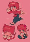  angry animal_ears blue_eyes blush_stickers braid braided_ponytail breasts cat_ears cat_tail highres menma_(enaic31) open_mouth p-chan pink_background ranma-chan ranma_1/2 red_hair tail teeth tongue tongue_out topless twitter_username 
