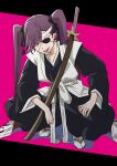  1girl absurdres bangs black_ribbon bleach bleach:_the_thousand-year_blood_war eyepatch hair_between_eyes haori highres japanese_clothes katana long_hair long_sleeves looking_at_viewer obi oinari_(koheihei1109) over_shoulder purple_eyes purple_hair ribbon saitou_furoufushi sash shinigami simple_background smile socks solo squatting sword sword_over_shoulder teeth tongue tongue_out twintails upper_teeth weapon weapon_over_shoulder white_socks 