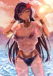  1girl absurdres beach bikini blue_eyes candace_(genshin_impact) choker criss-cross_halter evening genshin_impact hair_tie hair_tie_in_mouth halterneck hands_up heterochromia highres long_hair looking_at_viewer mouth_hold purple_bikini purple_hair sas_(ls08b) shirt side-tie_bikini_bottom sun swimsuit t-shirt upper_body water wet wet_clothes wet_face wet_hair wet_shirt white_shirt wrist_cuffs yellow_choker yellow_eyes 