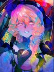  1girl bangs bare_shoulders beret black_dress black_headwear blue_skin blue_tongue blurry braid colored_skin colored_tongue colorful depth_of_field dress fate/grand_order fate_(series) hair_between_eyes half-closed_eyes hat head_tilt jellyfish long_hair looking_at_viewer multicolored_background multicolored_hair open_mouth orange_hair portrait shuu_(amane_v) side_braid single_braid smile solo swirl twitter_username van_gogh_(fate) van_gogh_(second_ascension)_(fate) vincent_van_gogh_(style) white_eyes 