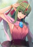  1girl absurdres arm_up armpits bangs bracelet breasts dragonstone dress fire_emblem fire_emblem:_mystery_of_the_emblem fire_emblem_awakening fire_emblem_heroes gem green_eyes grey_hair hair_between_eyes headpiece highres jewelry labebebe_lee large_breasts long_hair open_mouth pink_dress pointy_ears ponytail purple_sash red_gemstone sash sideboob sleeveless sleeveless_dress solo tiki_(fire_emblem) 