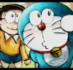  2017 anthro bell black_hair blue_body blue_fur bottomwear clothing collar digital_media_(artwork) domestic_cat doraemon doraemon_(character) duo eyewear felid feline felis front_view fur glasses hair human long_sleeves looking_at_viewer machine male mammal mouth_closed mt_tg nobita_nobi pouch_(anatomy) red_collar red_nose robot shaded shirt shorts standing topwear whiskers white_body white_fur 