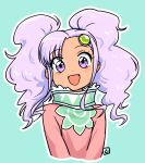  1girl :d asymmetrical_bangs bangs blue_background commentary_request cropped_torso forehead highres long_hair looking_at_viewer meredy_(tales) muu_(mumumer) outline pink_shirt purple_eyes purple_hair shirt simple_background smile solo tales_of_(series) tales_of_eternia twintails upper_body white_outline 