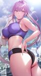  1girl absurdres ass bangs bare_arms bare_shoulders blue_sports_bra blurry blurry_background blush breasts buruma buruma_pull cloud cloudy_sky commentary_request from_below gentsuki highres holding holding_towel large_breasts long_hair looking_at_viewer open_mouth original outdoors parted_lips ponytail purple_hair sidelocks sky solo sports_bra sunlight sweatdrop towel yellow_eyes 