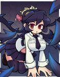  1girl 1other all_fours black_hair blurry blurry_foreground blush blush_stickers breasts extra_mouth filia_(skullgirls) highres large_breasts living_hair long_hair navel necktie open_mouth prehensile_hair red_eyes samson_(skullgirls) school_uniform skirt skullgirls solo thick_thighs thighhighs thighs 