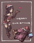  1girl artist_name bangs black_background black_eyes black_gloves black_hair black_tank_top black_thighhighs blowing_kiss boots border bow brown_footwear brown_gloves christmas commentary english_text freckles fur-trimmed_shirt fur-trimmed_shorts fur_trim gift girls_und_panzer gloves ground_vehicle hand_on_hip hat heart layered_gloves leaning_forward long_hair looking_at_viewer m3_lee merry_christmas midriff military military_vehicle motor_vehicle navel one_eye_closed open_mouth red_bow red_headwear red_shirt red_shorts santa_costume santa_hat shirt short_shorts shorts signature smile solo standing standing_on_one_leg tank tank_top tessaku_ro thighhighs white_border yamagou_ayumi 