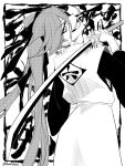  1girl back bangs black_ribbon bleach bleach:_the_thousand-year_blood_war duckdickdock eyepatch greyscale haori head_tilt highres japanese_clothes kanji katana kubo_tite_(style) long_hair looking_at_viewer monochrome open_mouth ribbon saitou_furoufushi shinigami smile solo standing sword teeth twintails weapon white_background 
