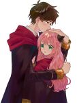  1boy 1girl aged_up anya_(spy_x_family) bangs blush brown_eyes brown_hair cloak damian_desmond eden_academy_uniform green_eyes hairpods hand_on_another&#039;s_head hug long_hair long_sleeves parted_lips pink_hair porucheee school_uniform spy_x_family 