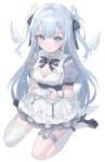  1girl angel_wings blue_eyes blue_hair breasts cleavage cross_hair_ornament hair_ornament handheld_game_console highres indie_virtual_youtuber long_hair looking_at_viewer maid medium_breasts seiza simple_background sitting smile solo thighhighs virtual_youtuber white_background wings yuha_uyu 