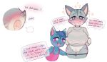  &lt;3 &lt;3_pupils animal_crossing anthro big_breasts blue_body blue_eyes blue_hair blush bodily_fluids breasts clothed clothing domestic_cat dress duo ellipsis english_text exclamation_point felid feline felis female genital_fluids genitals grey_body hair hi_res lolly_(animal_crossing) looking_at_viewer mammal nintendo nipple_outline open_mouth panties panties_down partially_clothed purple_eyes pussy pussy_juice question_mark raikissu rosie_(animal_crossing) speech_bubble sweater text topwear underwear underwear_down video_games 